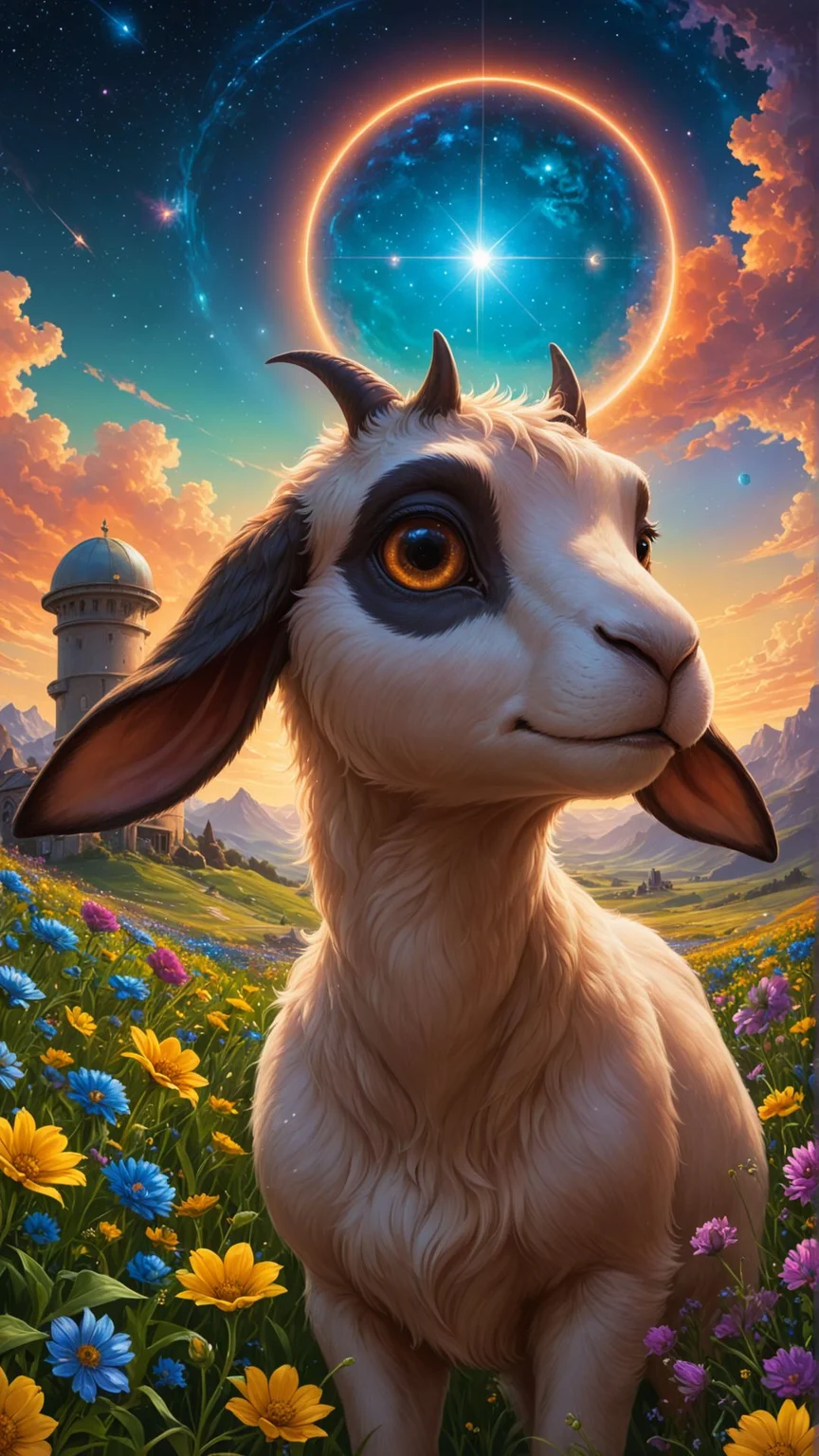 by Magali Villeneuve and Moebius, painting, A vibrant and colorful painting depicts a small, round goat with large brown eyes and a long black beak. The background is a celestial observatory filled with wildflowers, Clear skies, Bokeh, triadic colors, cute wallpaper
<lora:aidma-Image Upgrader-v0.1:0.15> detailmaximizer, <lora:SDXLFaeTastic2400:0.45>, epic composition, dramatic, deep rich colors, vivid colors, stunning detail, surreal