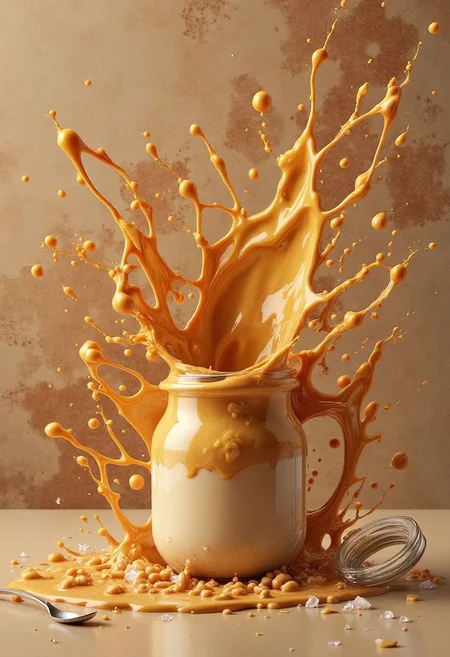yfg-c0ff, A torrent of thick, salted caramel, released from a dropped jar, creates a creamy, golden splash against a dessert display case. The caramel, caught in a moment of smooth, splattering chaos, forms a cloud of droplets, reflecting the warm, inviting lights. A few scattered sea salt flakes and a broken spoon lie nearby, adding to the decadent scene. The broken jar, now shattered, lies amidst the spill, its fragments reflecting the dynamic scene. The background is a charming patisserie, with delicate pastries and a cozy atmosphere.