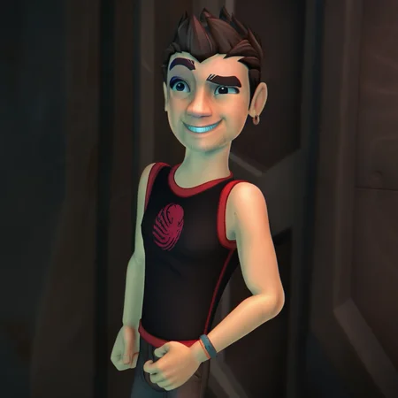 Solo, 1boy, Male focus, Smiling Finn, Brown Hair, Earrings, Short Hair, Blue Eyes, Stubble, Grin, Tank Top, Pants, Bulge