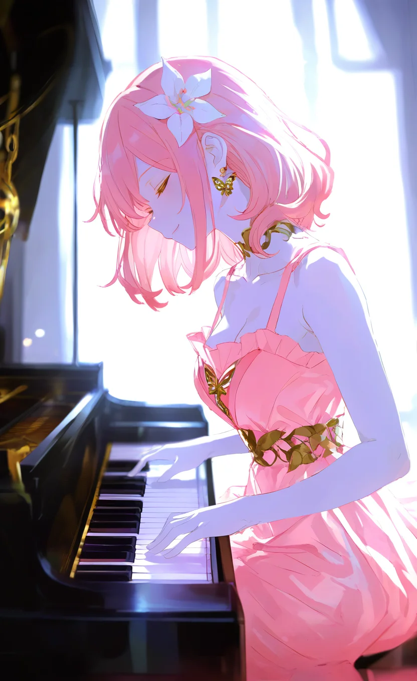 masterpiece, best quality, good quality, very aesthetic, absurdres, newest, (Perfect details),(****), 1girl, backlighting, blurry, butterfly earrings, cleavage, closed eyes, closed mouth, collarbone, cowboy shot, depth of field, dispersion (optics), dress, earrings, frilled dress, frills, from side, lily hair ornament, instrument, jewelry, medium breasts, medium hair, music, pale skin, piano, pink dress, playing instrument, playing piano, profile, sitting, sleeveless, sleeveless dress, smile, solo, Flower hair ornament <lora:spo_sdxl_10ep_4k-data_lora_webui:0.6> <lora:ponyv5_noobV065S_1_adamW-000013:0.7> <lora:USNR_STYLE_XL_lokr:0.5> <lora:GBF_Illustrious:0.4> <lora:748cmSDXL:0.7> <lora:MeMaXL4:0.8>