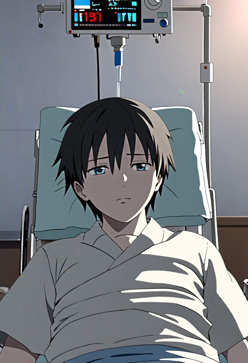 Highres, Masterpiece, High Quality, 4K, 8K, solo, 1Boy, Takaki Toono, adult, black hair, short hair, inpatient room, supine, patient, soft light, hospital, medical furniture, sleep, pale, infusion, tired, sick, uncomfortable, easynegative, detailed_eye_model