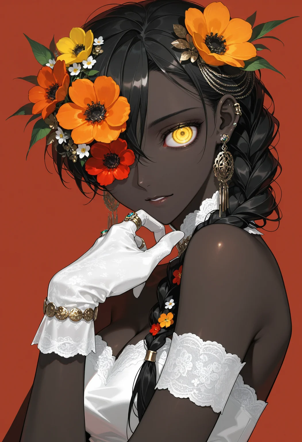 1girl,flower,dark skin,solo,gloves,dark-skinned female,jewelry,ring,looking at viewer,white gloves,black hair,braid,upper body,red flower,yellow flower,hair ornament,earrings,orange eyes,bare shoulders,long hair,red background,lace,hair flower,very dark skin,orange flower,one eye covered,strapless,multiple rings,plant,simple background,lace trim