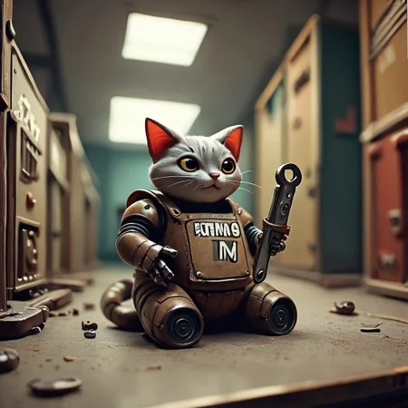 flx$tyl3, score_9, score_8_up, score_7_up, science fiction, cat, no humans, solo, 1other, humanoid cat, holding wrench, kneeling, blurry background, mecha, server room, cardboard boxes, pipes