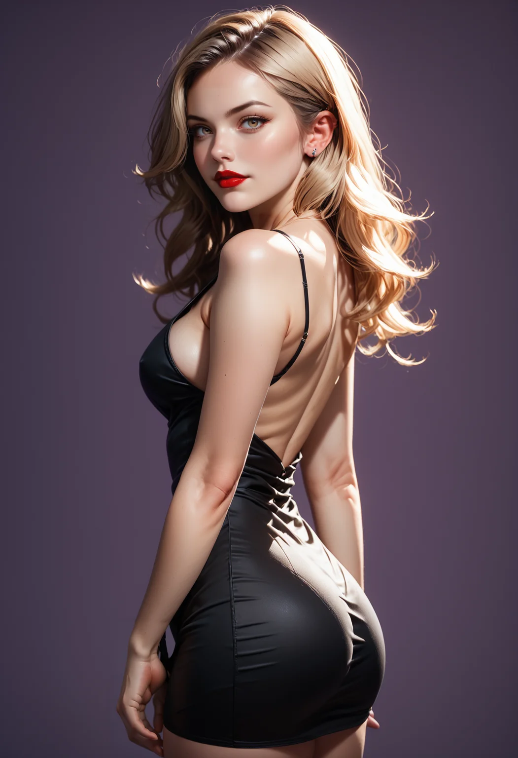 photo, realistic, score_9, score_8_up, score_7_up, score_7, score_6_up, score_5_up, full body portrait, a woman, blonde hair, (wearing a black reij-fshntmn dress <lora:fishnetmini-000003:1> ), empty room, lush breasts, (simple purple background:1.2), posing, dynamic, matt colors, , ,  dolleij01py <lora:Dolleij01PY-000003:0.5>, beautiful woman portrayed in her naturalness:sensual,noble,pure and self-confident, joyful,sporty, dynamic angle, back side view, (leaning backward:1.2), hazel eyes, prefect round ass