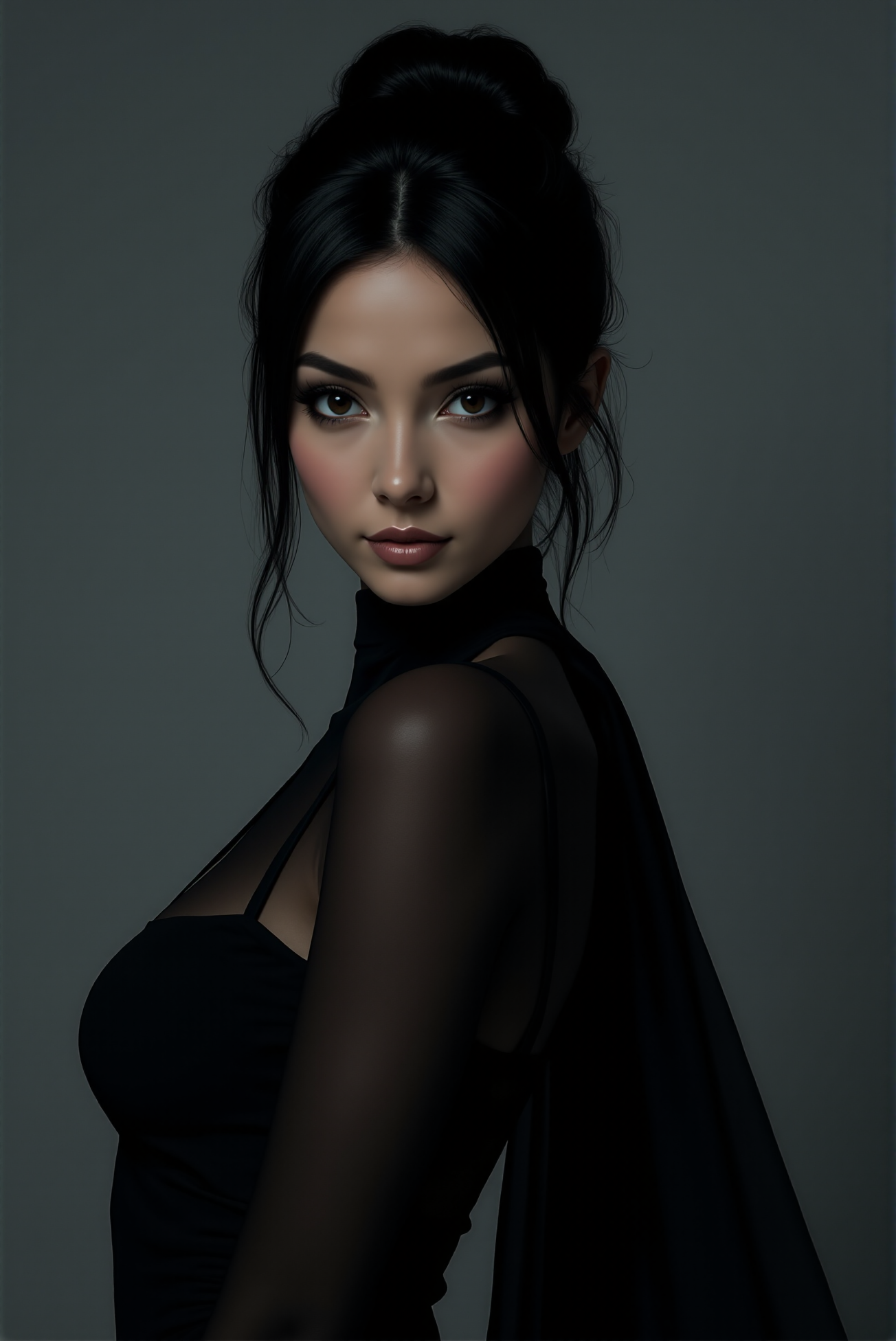 <lora:FFS_v.6:0.8> Ethereal Nocturne: The Luminescent Enchantress in black. Delicate facial features, noble expression, slender physique, elegant posture.