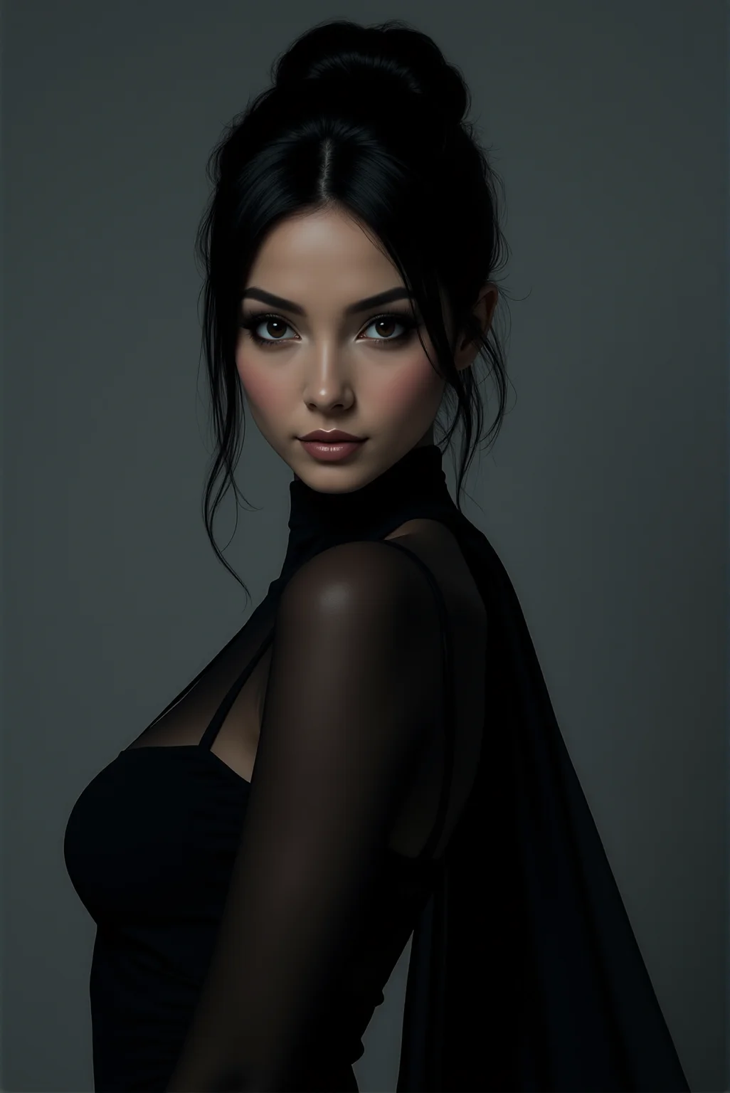 <lora:FFS_v.6:0.8> Ethereal Nocturne: The Luminescent Enchantress in black. Delicate facial features, noble expression, slender physique, elegant posture.
