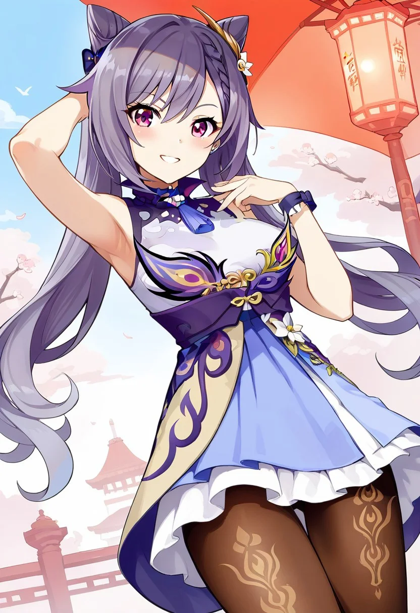 score 9, score 8 up, source anime, masterpiece, best quality, detailed eyes, detailed face, cowboy shot, 1girl, solo, outdoors, smile, dutch angle, pantyhose,
keqing, purple eyes, purple hair, long hair, hair between eyes, braid, cone hair bun, double bun, twintails, medium breasts,