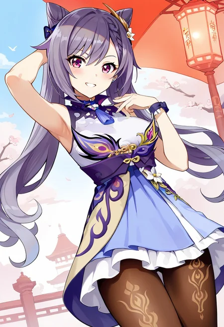 score 9, score 8 up, source anime, masterpiece, best quality, detailed eyes, detailed face, cowboy shot, 1girl, solo, outdoors, smile, dutch angle, pantyhose,
keqing, purple eyes, purple hair, long hair, hair between eyes, braid, cone hair bun, double bun, twintails, medium breasts,