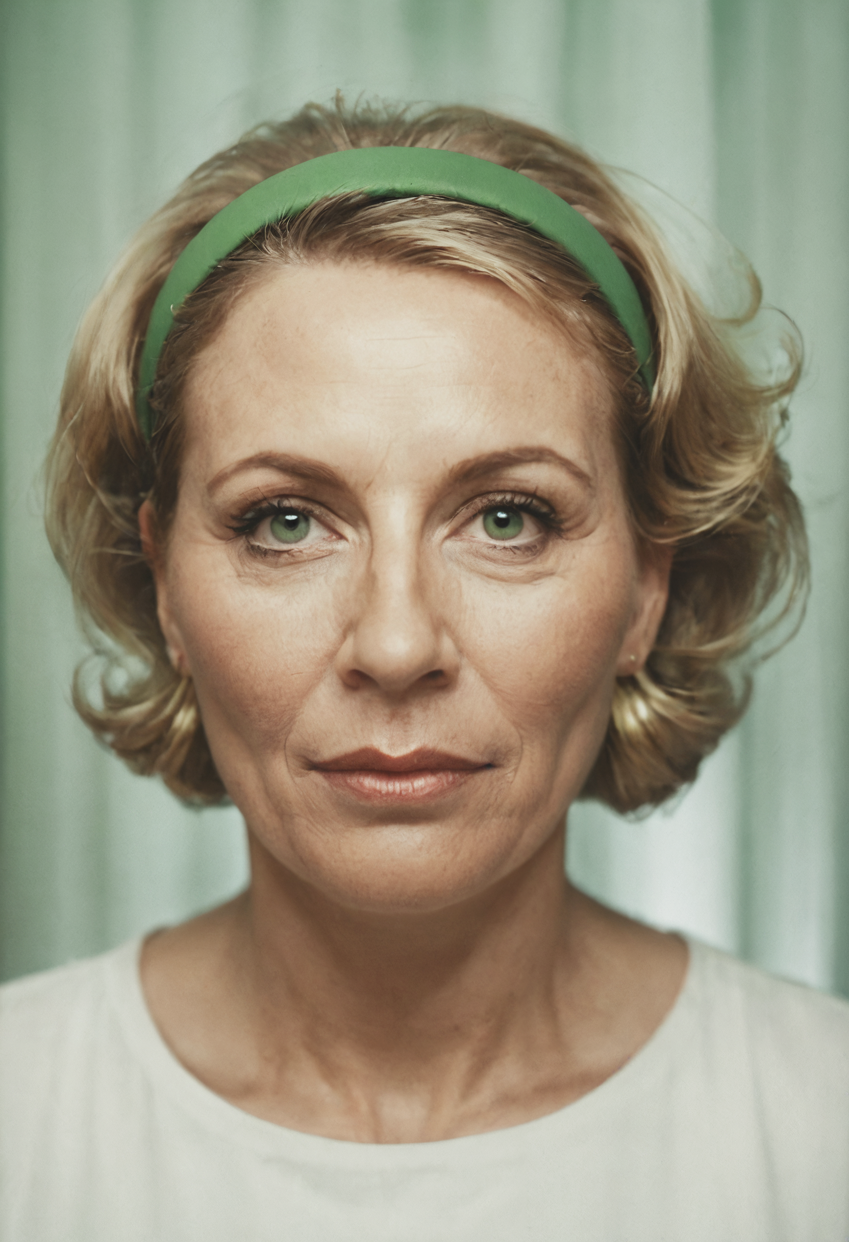 score_9, score_8_up, score_7_up, source_photo, photomaton, 1girl, mature, mature, portrait, Wide head, blonde_hair, hairband, rolling eyes, rating_safe, Olive Green Drab curtains, <lora:pony/photomaton_r1:0.6000000000000001>