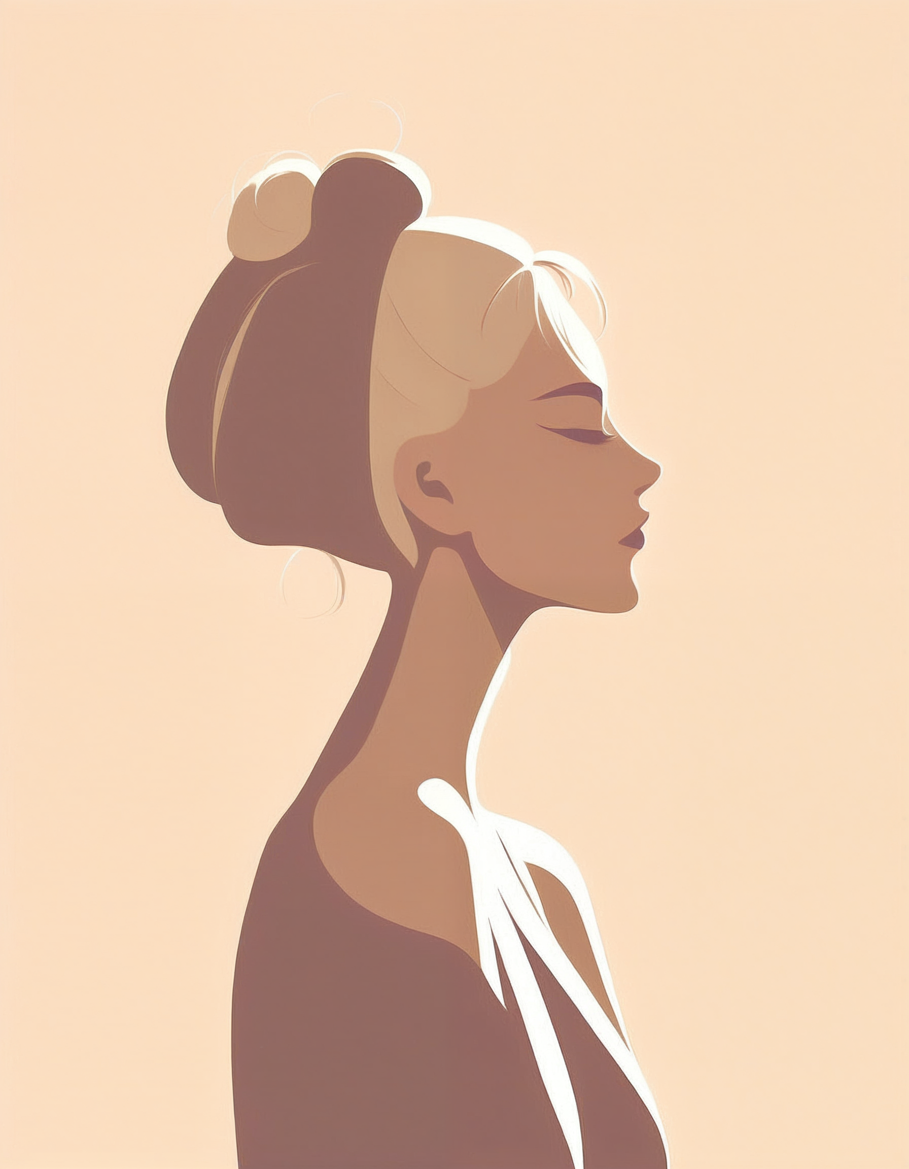 minimalistic, flat color, no lineart, 1girl, side view, silhouette, large breasts, huge hard nipples, hair bun, simple bright background