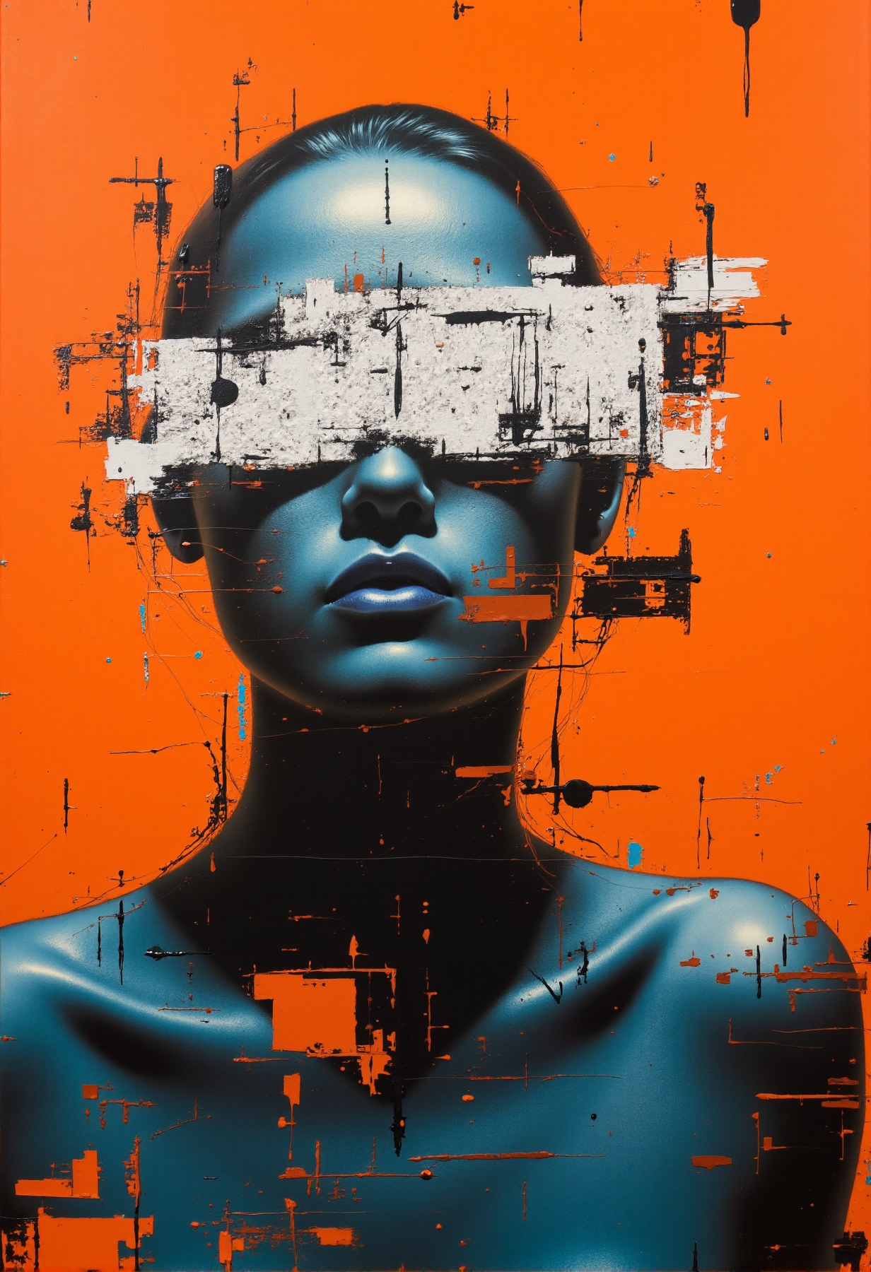 An oil painting in orange, blue, black, and white colors, depicting a waist-up portrait of a creature with a strange, flat mask that has no visible face. The mask is cracked and weathered, with black liquid oozing through the fissures, adding a sinister and unsettling effect. The creature's form is partially obscured by the abstract and textured mask, which contrasts sharply with the background colors. The painting captures the eerie and mysterious nature of the creature, with the cracked mask and flowing black liquid enhancing its dark, enigmatic presence. <lora:Glitchcore_Flux:0.7> gl1tchc0re, glitch, chromatic aberration  <lora:Wiz-The_Grit:0.45> gritty minimalism, In the corner there is a small inscription "fÃ¼ck hue", like the authorâs signature.