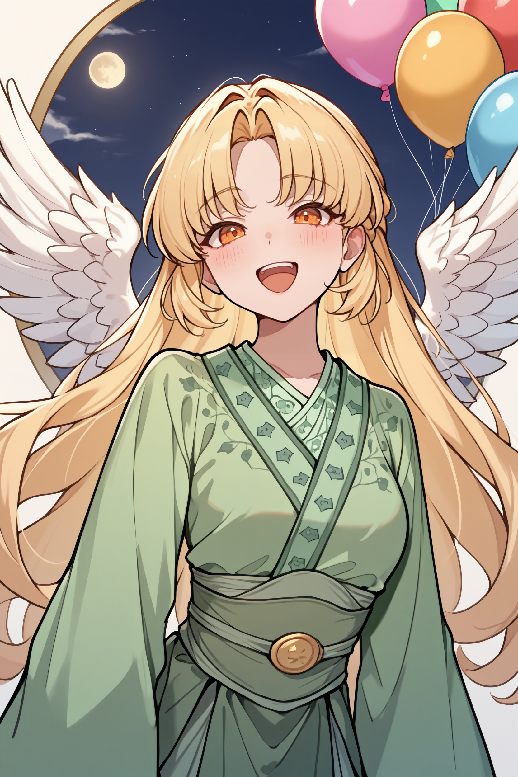 masterpiece, best quality,  1girl, solo
blush,  open mouth, looking at viewer, balloon, moon,  :d, teeth
angel wings,blonde hair, orange eyes,
<lora:KitsuneHanfuIllustriousV1:1> kitsunehanfu, green hanfu