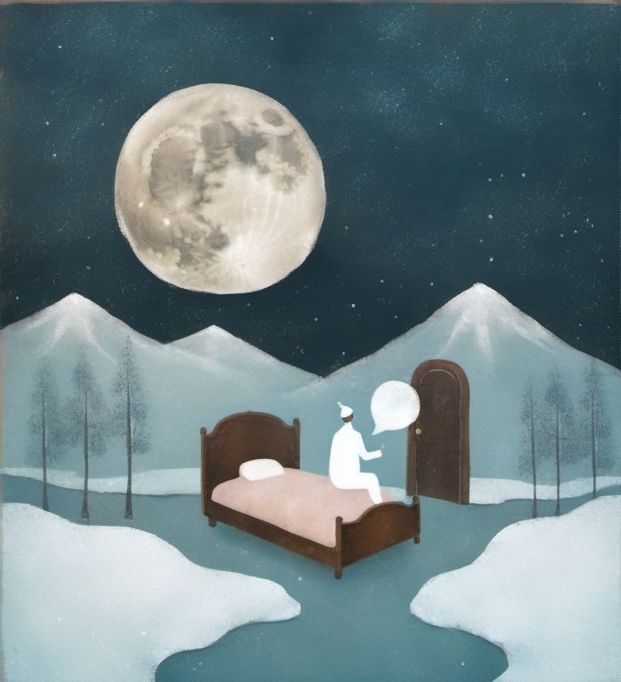 surreal art,winter landscape,snow,forest background,mountains,full moon,night sky,cityscape,dreaming person,bed,sleep,pajamas,vintage painting,muted colors,imaginative,dreamy,illustration,atmospheric,whimsical,solitude,reflective,night time,mixed media,contrast,thought bubble,fantasy.,<lora:æ²»æ-000009:0.8>,