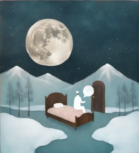 surreal art,winter landscape,snow,forest background,mountains,full moon,night sky,cityscape,dreaming person,bed,sleep,pajamas,vintage painting,muted colors,imaginative,dreamy,illustration,atmospheric,whimsical,solitude,reflective,night time,mixed media,contrast,thought bubble,fantasy.,<lora:æ²»æ-000009:0.8>,