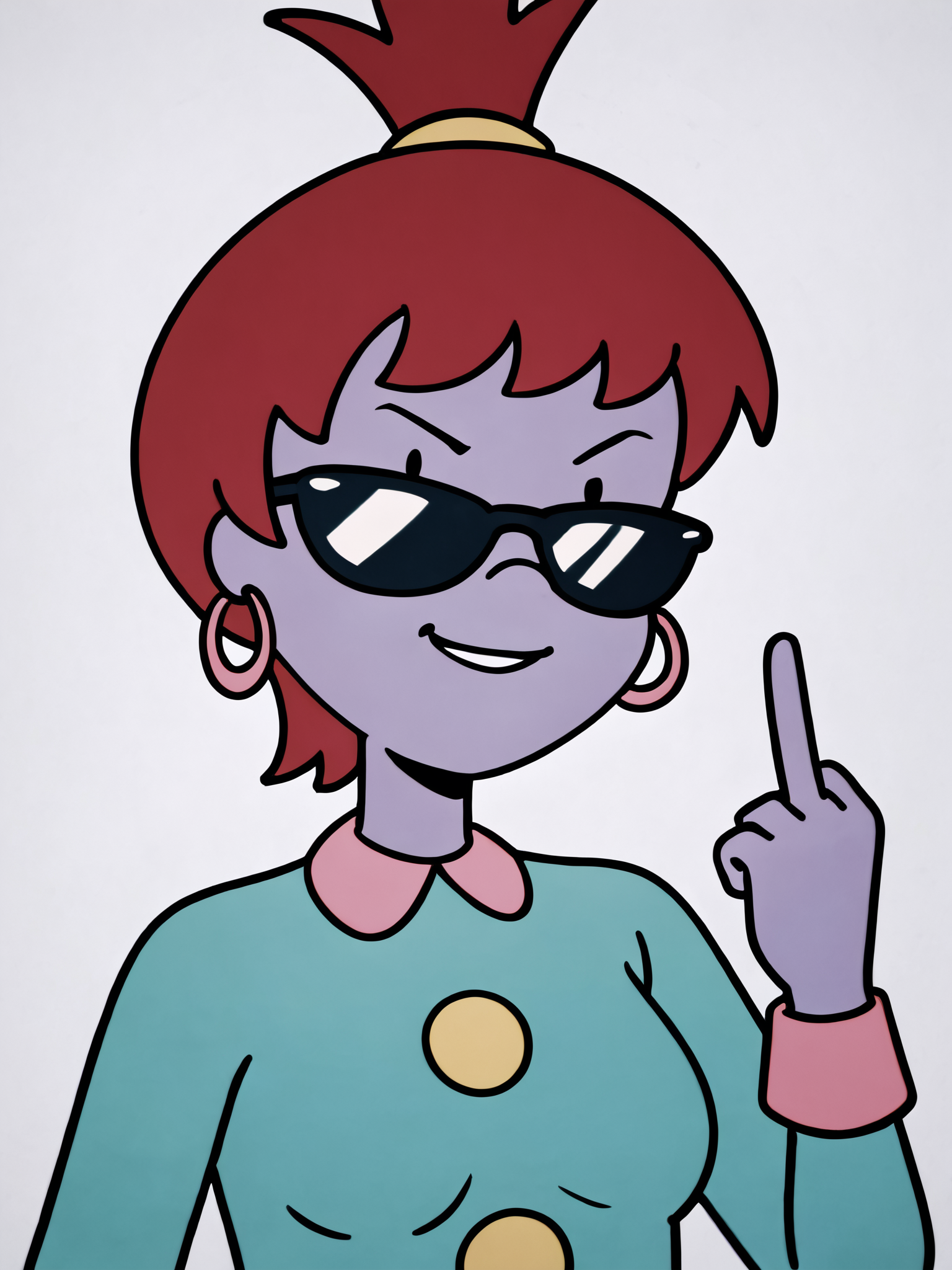 score_9, score_8_up, score_7_up, score_6_up, score_5_up, source_anime, masterpiece, high quality, BREAK, white background, 1girl, <lora:Beebee_Bluff_PDXLv1:0.7> beebe bluff, hoop earrings, green dress, sunglasses, ((aged up, medium breasts, mature body)), middle finger, looking at viewer, upper body,