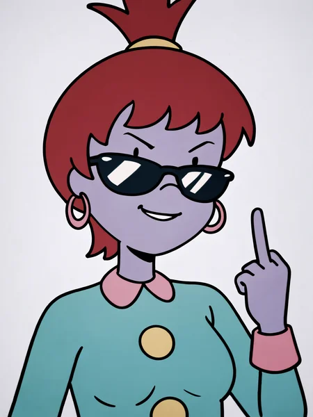 score_9, score_8_up, score_7_up, score_6_up, score_5_up, source_anime, masterpiece, high quality, BREAK, white background, 1girl, <lora:Beebee_Bluff_PDXLv1:0.7> beebe bluff, hoop earrings, green dress, sunglasses, ((aged up, medium breasts, mature body)), middle finger, looking at viewer, upper body,