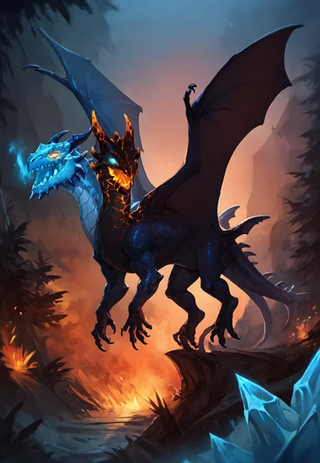 embedding:urn:air:sd1:embedding:civitai:222256@250708, score_9, score_8_up, score_7_up, score_6_up, rating_save, source_furry, feral, no humans, monster, multiple heads, teeth, sharp teeth, glowing, dragon, wings, claws, scales, glowing eyes, horns, tail, spikes, from side, full body, standing, on all fours, looking at viewer, open mouth, feral, dark forest, ice and fire