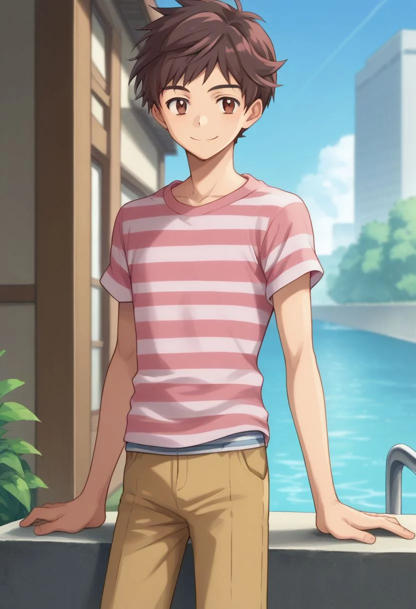 score_9, score_8_up, source_anime, highly detailed, 1boy, solo, skinny,
kazuki, 1boy, male focus, shirt, brown hair, brown eyes, pink shirt, striped shirt, two shirts, smile, short pants,
outdoor,
