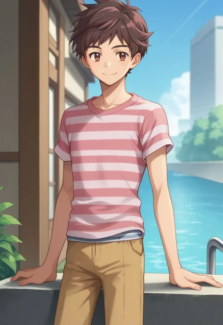 score_9, score_8_up, source_anime, highly detailed, 1boy, solo, skinny,
kazuki, 1boy, male focus, shirt, brown hair, brown eyes, pink shirt, striped shirt, two shirts, smile, short pants,
outdoor,