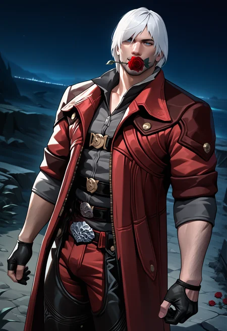 masterpiece, best quality, newest, hdr, dark, night, outdoors, 1boy, solo, da4e3, white hair, blue eyes, facial hair, beard stubble, black collared shirt, open collar, chest belt, red coat, trench coat, sleeves rolled up, black gloves, partially fingerless gloves, buckle, black chaps, red pants, cowboy boots, red rose, mouth hold, flower in mouth, cowboy shot, dutch angle, looking at viewer,
<lora:Dante DMC 4:1>