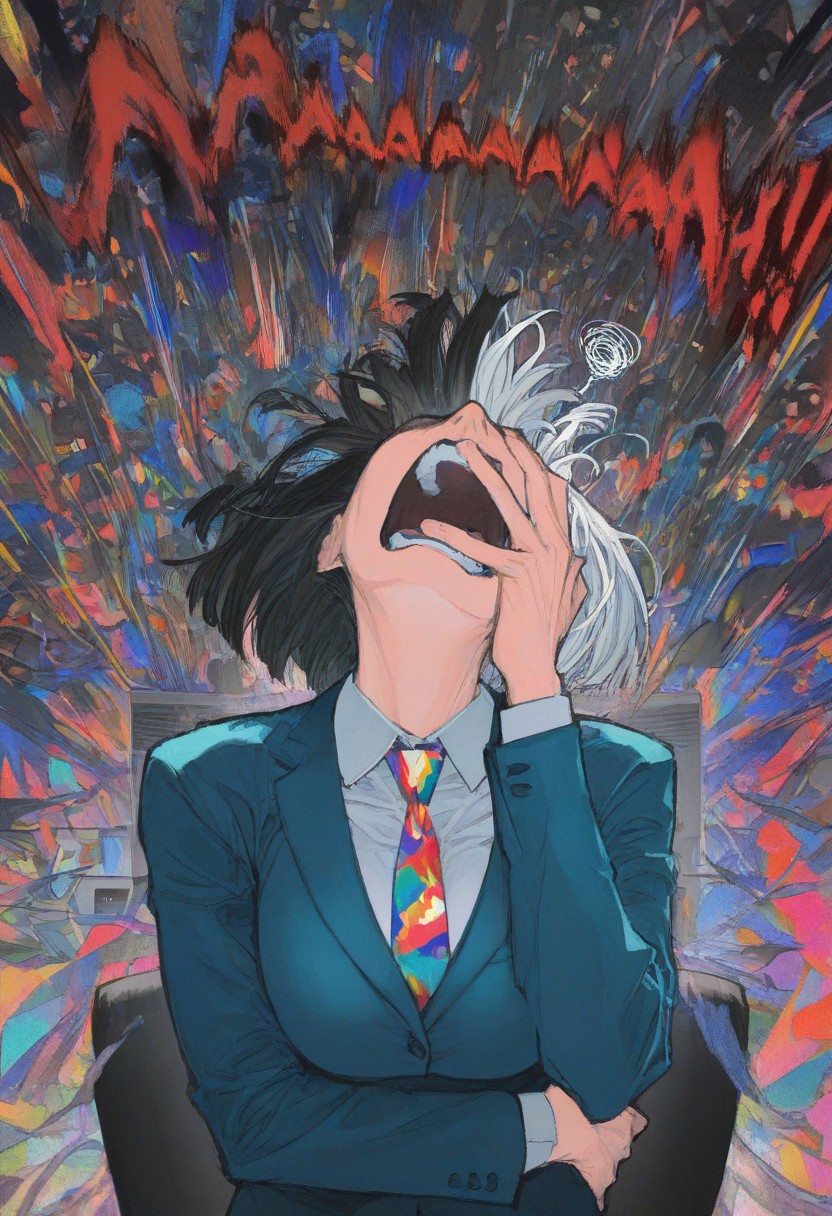 solo, (three_quarter_view), upper body, blue suit, office, (facepalm), squiggle,
head back, screaming, wide-eyed,
holstein, split-color hair, short hair, colorful_necktie,
G0zeNA_illu, office, workplace,
masterpiece, best quality, absurdres