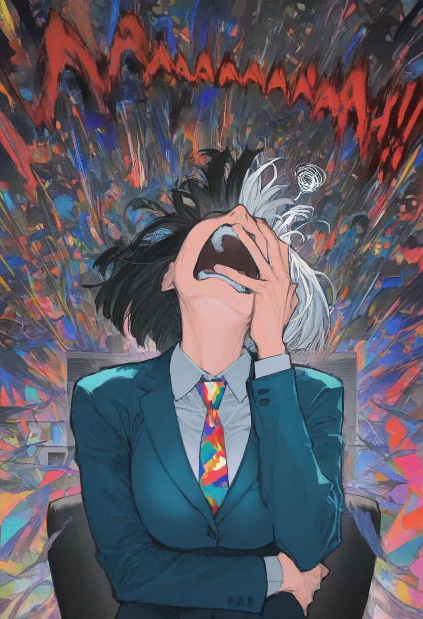 solo, (three_quarter_view), upper body, blue suit, office, (facepalm), squiggle,
head back, screaming, wide-eyed,
holstein, split-color hair, short hair, colorful_necktie,
G0zeNA_illu, office, workplace,
masterpiece, best quality, absurdres