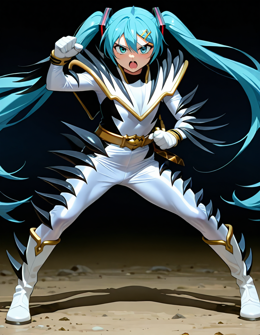 masterpiece, best quality, amazing quality, very aesthetic, absurdres, newest,shiny skin (((anime screenshot:1))), anime coloring, hatsune miku, twintails, blue hair, fighting stance, hairclip looking at viewer, open mouth 1girl , flat chest, Wildtwhite, robot, solo, WLTWHT vest, WLTWHT bodysuit, WLTWHT spikes, WLTWHT belt, WLTWHT gloves, WLTWHT boots, helmetless <lora:Power_Rangers_Dino_Thunder_-_BakuryÅ«_Sentai_Abaranger_13_in_1_pack:1>