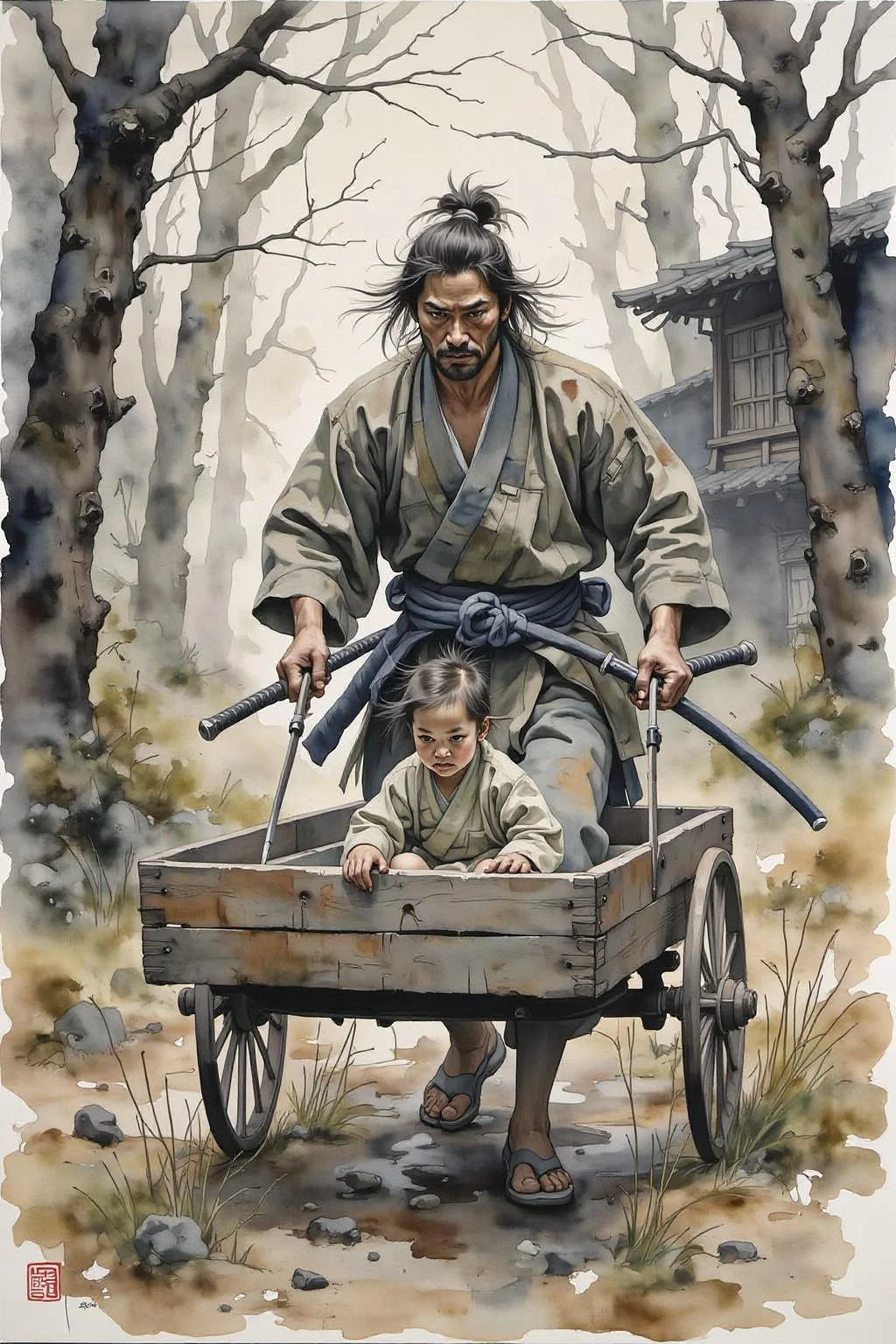 yawc1 watercolor. A stoic Japanese samurai dressed in traditional tattered kimono pushes a wooden cart through a serene yet dangerous landscape. Inside the cart sits a small child, quietly observing the world with wide eyes, drawing clear inspiration from "Lone Wolf and Cub." The samurai's hand grips the handle of the cart firmly, while his other hand rests on the hilt of his katana, ready for any threat. The background is a misty forest or ancient village, with hints of danger lurking in the shadows. The scene exudes a sense of duty, protection, and the quiet intensity of a warrior's journey. <lora:yawcolor_nocap1_d4a2:1.0> <lora:Flux-Sch-SingleBlocks-BF16:1.0><lora:799524560618887537:0>