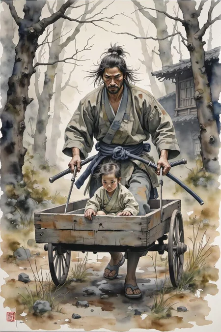 yawc1 watercolor. A stoic Japanese samurai dressed in traditional tattered kimono pushes a wooden cart through a serene yet dangerous landscape. Inside the cart sits a small child, quietly observing the world with wide eyes, drawing clear inspiration from "Lone Wolf and Cub." The samurai's hand grips the handle of the cart firmly, while his other hand rests on the hilt of his katana, ready for any threat. The background is a misty forest or ancient village, with hints of danger lurking in the shadows. The scene exudes a sense of duty, protection, and the quiet intensity of a warrior's journey. <lora:yawcolor_nocap1_d4a2:1.0> <lora:Flux-Sch-SingleBlocks-BF16:1.0><lora:799524560618887537:0>
