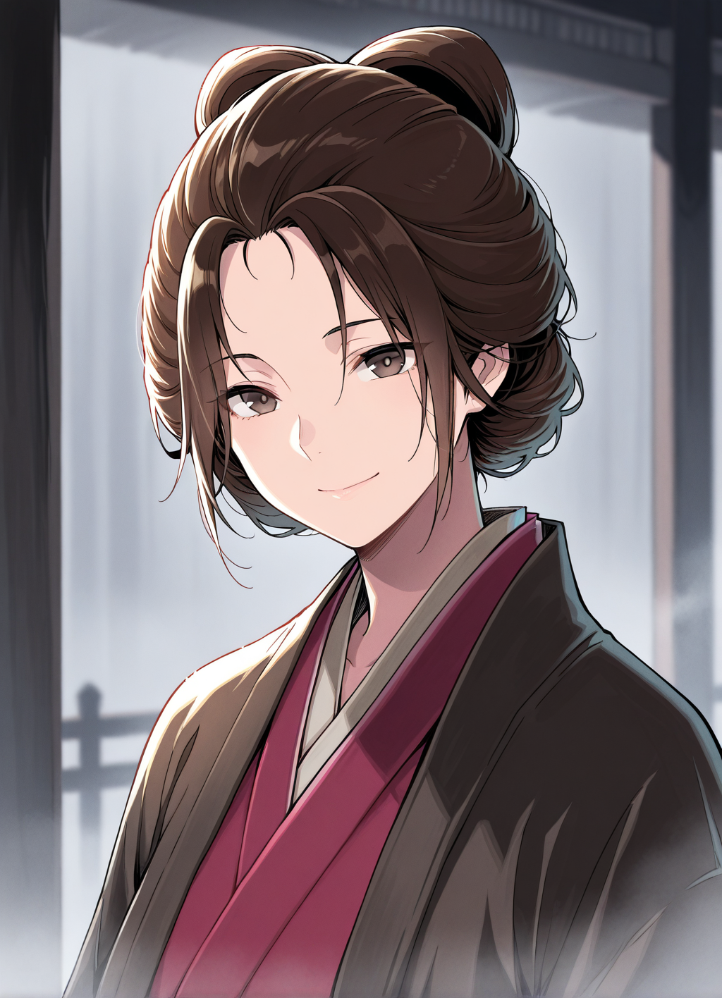 masterpiece,best quality, 1girl, upper body, blurred background, (fog:1.2), indoors, solo, EmmaSekiro, brown eyes,smile,  <lora:EmmaSekiro:1>