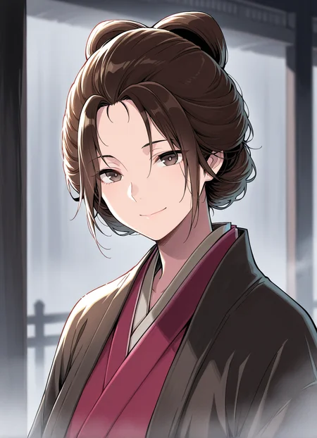 masterpiece,best quality, 1girl, upper body, blurred background, (fog:1.2), indoors, solo, EmmaSekiro, brown eyes,smile, <lora:EmmaSekiro:1>