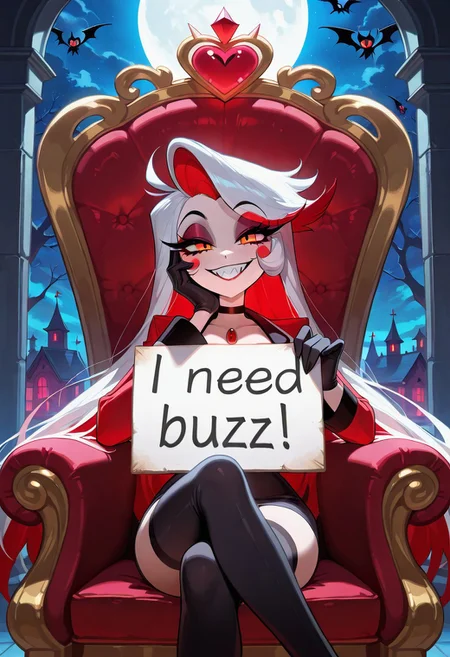 score_9, score_8_up, score_7_up, masterpiece, best quality, amazing quality, extremely detailed, absurdres, adult, mature, 1girl, lilith from hazbin hotel, solo, night, moonlight, sitting on her throne in hell, legs crossed, one hand on her cheek, holding sign, "I need buzz!" is written on the sign, need_buzz, smile, looking at viewer, eye contact, highly detailed, soft colors.