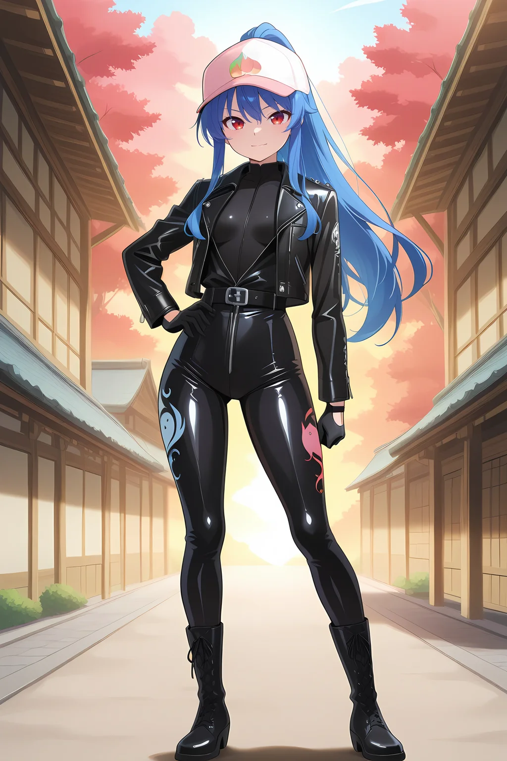absurdres, highres, masterpiece, best quality, amazing quality, official anime artwork, screencap, anime screencap, outdoors, looking at viewer, light smile, dynamic pose,
<lora:Tenshi-Hinanawi_Illustrious:1> hinanawi tenshi, 1girl, solo, red eyes, blue hair, long hair,, hinanawi tenshi \(flaming gale rider\), alternate costume, alternate hairstyle, ponytail, two-tone baseball cap, pink baseball cap, white baseball cap, peach print, biker clothes, black jacket, open jacket, leather jacket, long sleeves, leather suit, black bodysuit, black lace-up boots, black belt, leather gloves,
hand on hips, standing,