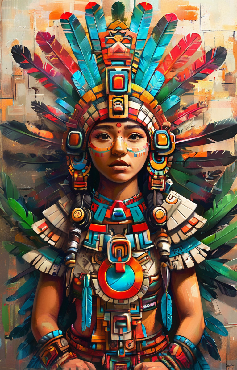 masterpiece,best quality,<lora:tbh264-sdxl:0.9>,illustration,style of Aztec tech genius teenage girl
