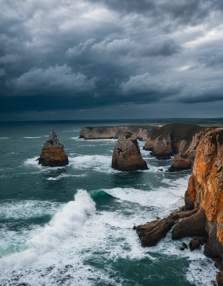 extremely detailed photo of a perfect coastline, cliffs and rocks, waves, cloudy weather