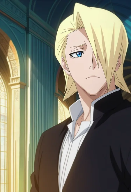 masterpiece, best quality, , anime screencap, anime coloring, official style, , 1boy, solo, male focus, <lora:izuru_kira_ilxl:1>, izuru_kira, blonde hair, blue eyes, short hair, hair over one eye, , Taj Mahal, Agra, reflecting pool, marble architecture, seated pose, peaceful expression, soft sunlight,