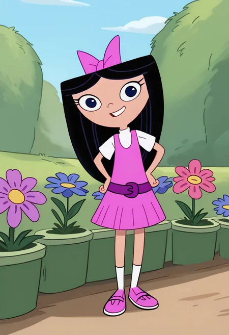 score_9, score_8_up, score_7_up BREAK IsaPF, 1girl, long black hair, dark blue eyes, pink bow, sleeveless pink dress, purple belt, round purple buckle, short-sleeved white shirt, white socks, pink shoes with white accents, cartoon, source_cartoon, smiling at viewer, full body, flower garden outdoors, flowers background, hands on hips,