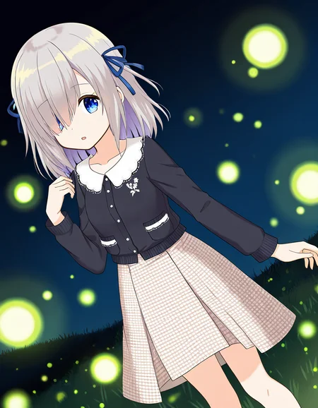masterpiece, best quality, newest, absurdres, highres, safe, 1girl, isuzu ren \(casual costume\), magia record: mahou shoujo madoka magica gaiden, solo, fireflies, night, grasslands, dutch angle, <lora:isuzu_ren_noobaiXLNAIXL_vPred10Version:0.7>