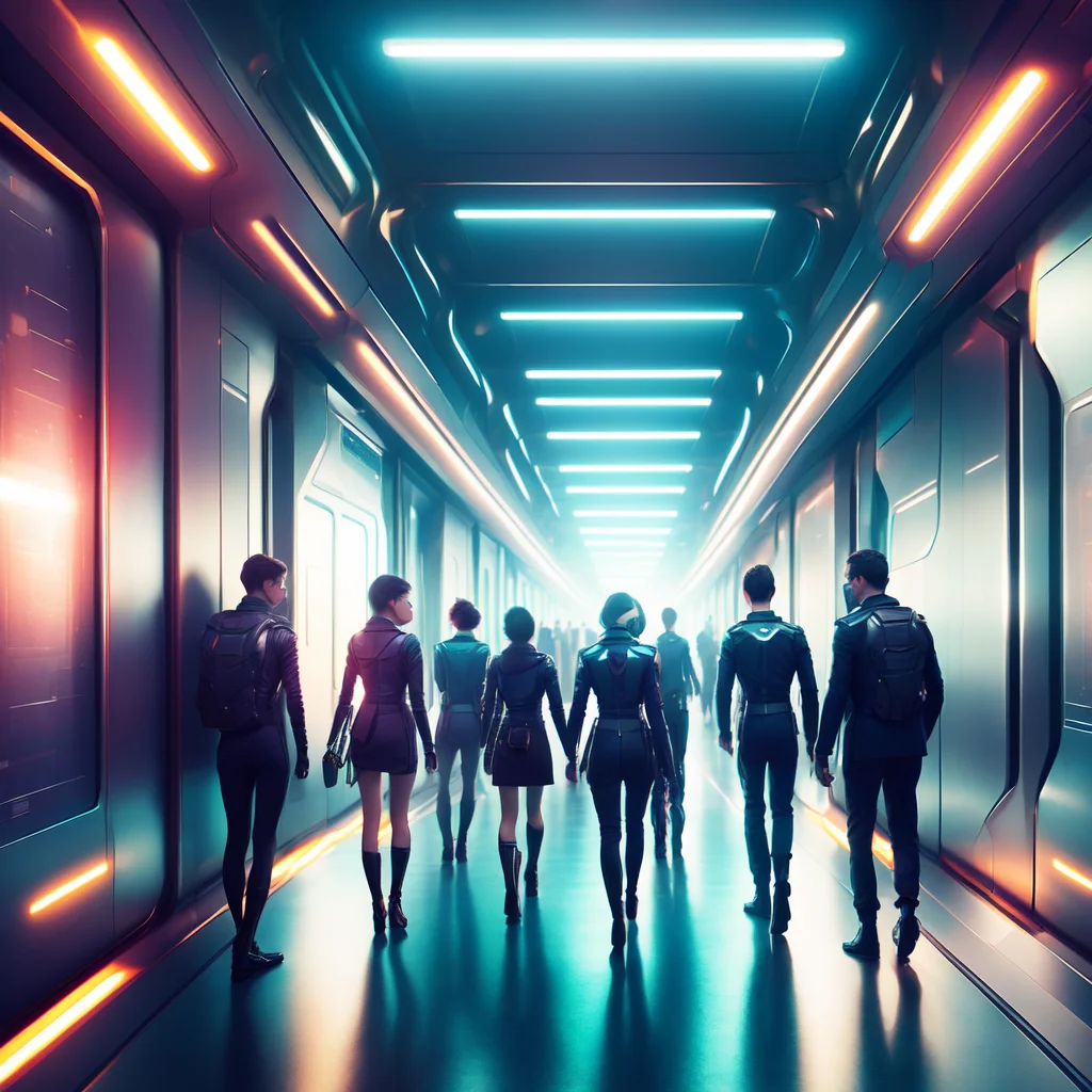 (corridorfuturism style:1) group of people walking down a hallway in a sci - fi environment <lora:djzCorridorFuturismV21:0.8>