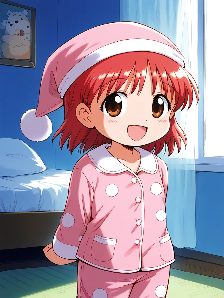 score_9, score_8_up, score_7_up, source_anime, rating_explicit, BREAK  <lora:momo_shunrai_XL:1> momo_ shunrai, short stack,  short hair,  red hair, brown eyes,
pink pajamas,  pink night cap, stuffed animal, 1girl,  open mouth, solo,  arms behind back
room, flooring, curtain, 
smile, standing,
looking at viewer, 
cowboyShot,