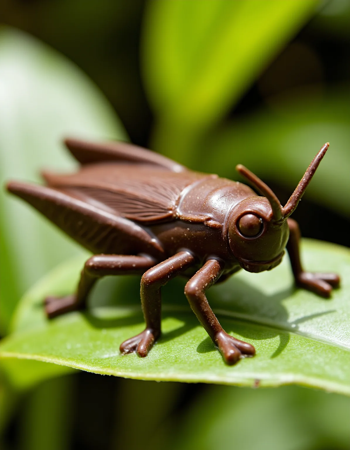 chocolate style.  The image presents a close-up view of a chocolate cricket, meticulously crafted with attention to detail. The cricket is perched on a single leaf, which adds a touch of realism to the scene. The leaf, adorned with small veins and a vibrant green color, contrasts beautifully with the rich brown hue of the chocolate cricket.
The cricket itself is a delightful treat for the eyes. It has been made from what appears to be dark chocolate, giving it a glossy finish that enhances its visual appeal. The cricket's body and legs are clearly visible, while its antennae and wings are slightly less distinct. This gives the impression of a small creature poised in motion, ready to spring into action at any moment.
The background is blurred, ensuring that the focus remains solely on the chocolate cricket and its leafy perch. This effect creates a sense of depth and perspective, making the image appear even more lifelike and realistic. Overall, this image captures the essence of a chocolate cricket in an eye-catching and detailed manner.