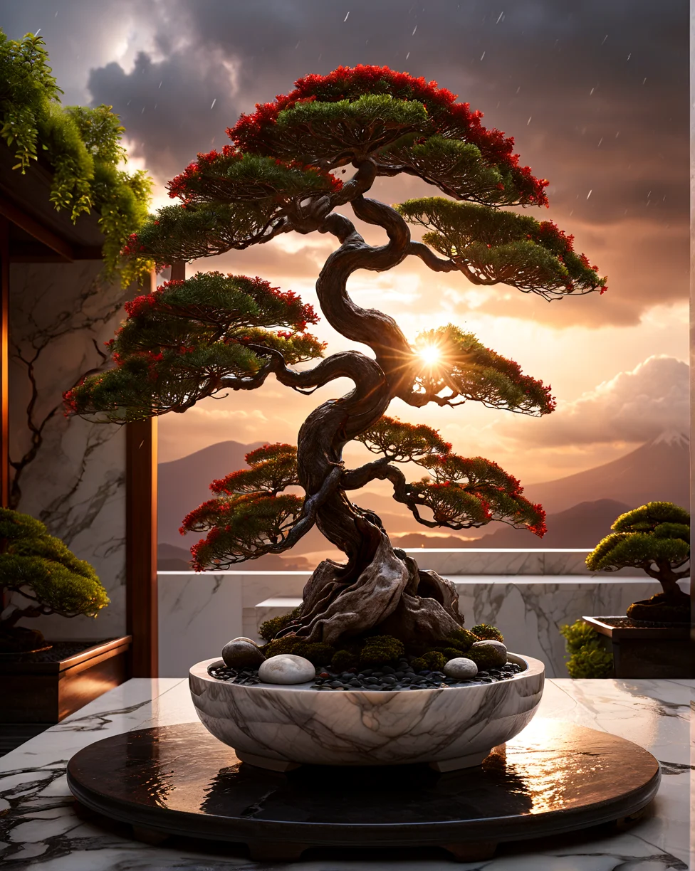 light and space style {best quality, high resolution, realistic, dynamic angle, vray, busy marble, hyperdetailed bonsai, stormy, fuji, sunset garden concept art} . perceptual phenomena, immersive, minimal, detailed