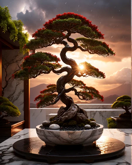 light and space style {best quality, high resolution, realistic, dynamic angle, vray, busy marble, hyperdetailed bonsai, stormy, fuji, sunset garden concept art} . perceptual phenomena, immersive, minimal, detailed