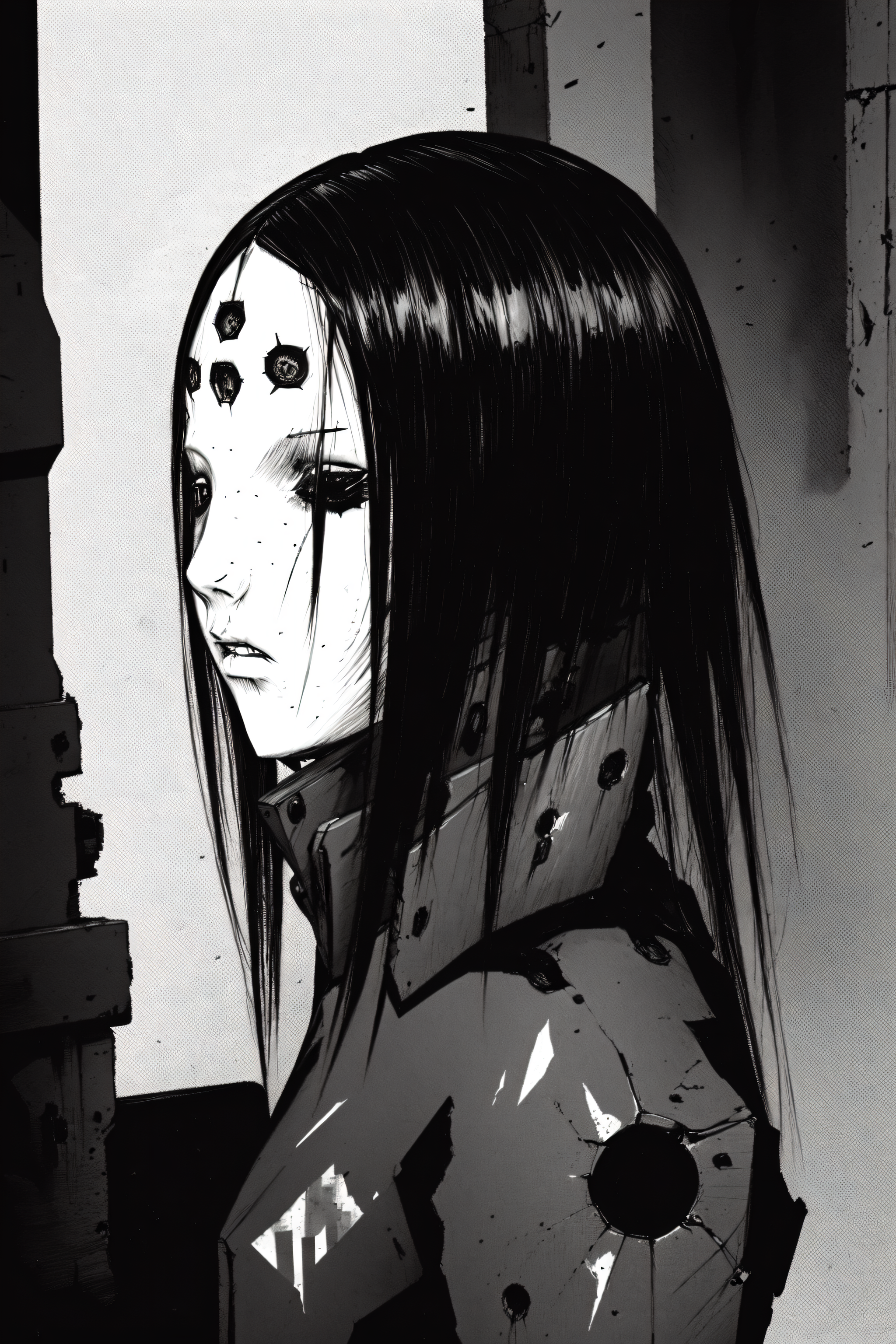 best quality, pcell, half mask, hair, detailed face, portrait, debris, smoke,decrepit, <lora:blamev2:1>,  <lora:mangaGeneralStyleLora_v10Mature:0.5> greyscale, monochrome