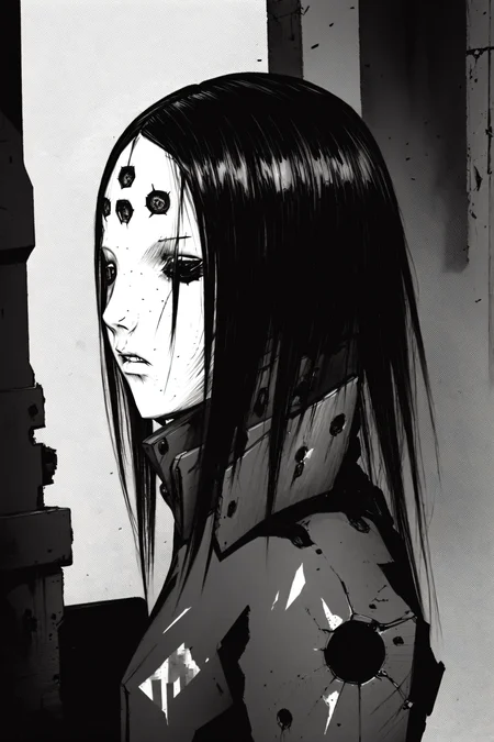 best quality, pcell, half mask, hair, detailed face, portrait, debris, smoke,decrepit, <lora:blamev2:1>, <lora:mangaGeneralStyleLora_v10Mature:0.5> greyscale, monochrome