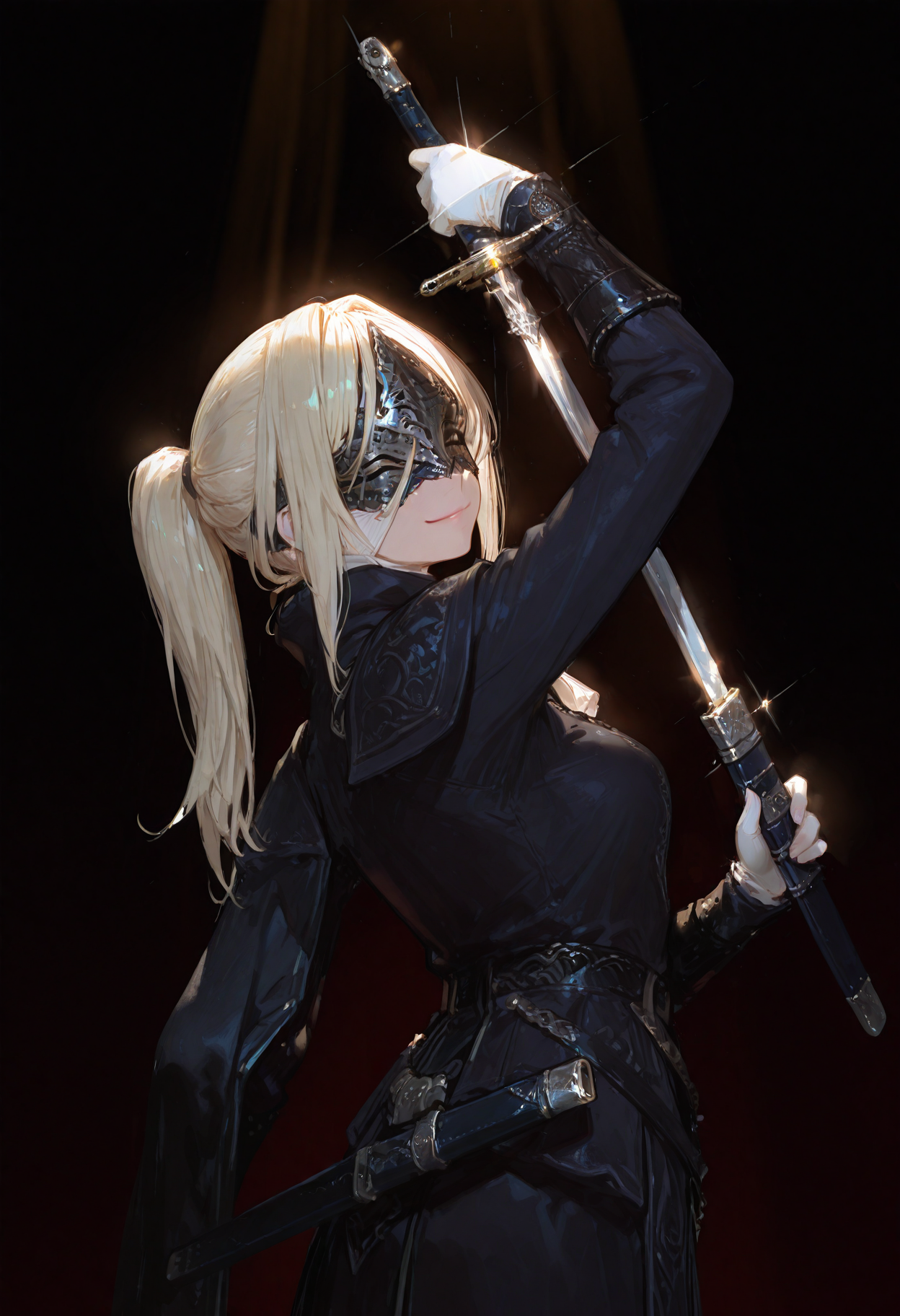 masterpiece, best quality, good quality, newest, highres, absurdres, volumetric lighting,gradient color,
BREAK 
raytracing, volumetric lighting, ambient occlusion, girl, background, masterpiece, best quality, very awa, absurdres, 
BREAK
DuchessER, ponytail, blonde hair, eyes mask, solo, model style,
BREAK
masterpiece,amazing quality,best quality,ultra-detailed,8K,illustration,CG,shiny hair,clear skin,ultra-detailed-eyes, background,cute girl,
BREAK,
upper body, happy, weapon, sword, holding weapon, arm up, holding sword, black background,facing viewer, sheath, glint, scabbard, dark background, unsheathing,  holding sheath, drawing sword, from side,
 <lora:DetailedEyes_V3:1> <lora:USNR STYLE_XL_loha:0.45> <lora:GBF_Illustrious:0.4> <lora:NOOB_vp1_detailer_by_volnovik_v1:0.3> <lora:MGE_V5.2_IL:0.6> <lora:ponyv6_noobE11_2_adamW:0.5> <lora:noobai_vpred_1_masterpieces_v1:1> <lora:748cmXLillokrV5311P:0.6> <lora:iLLDuchessER:1>
