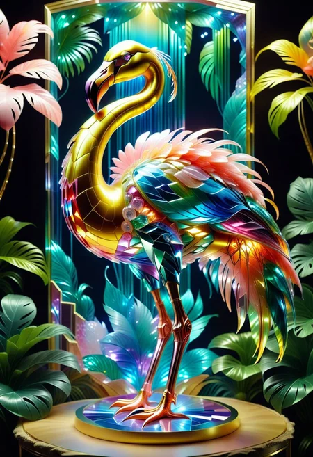 a TransformersStyle flamingo made out of dvrscls covered in multicoloured Jed-Auquartz