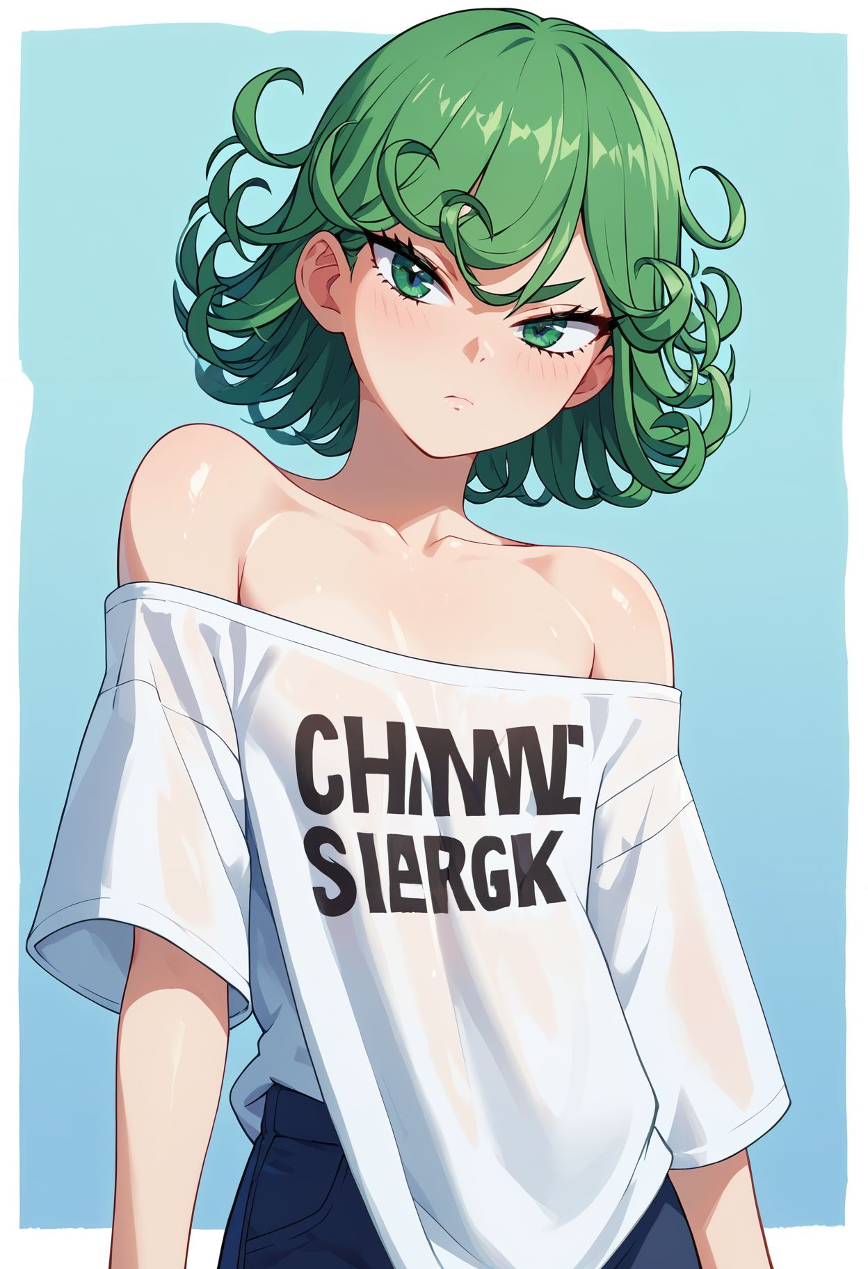 score_9,score_8_up,score_7_up,  <lora:kajinman_style_pdxl_goofy:1>1girl, 1girls, tatsumaki, bare shoulder, bare shoulders, green eyes, green hair, oppai, oversized clothes, oversized shirt, pulling shirt, shirt, skinny, skinny girl, solo female, text on clothing