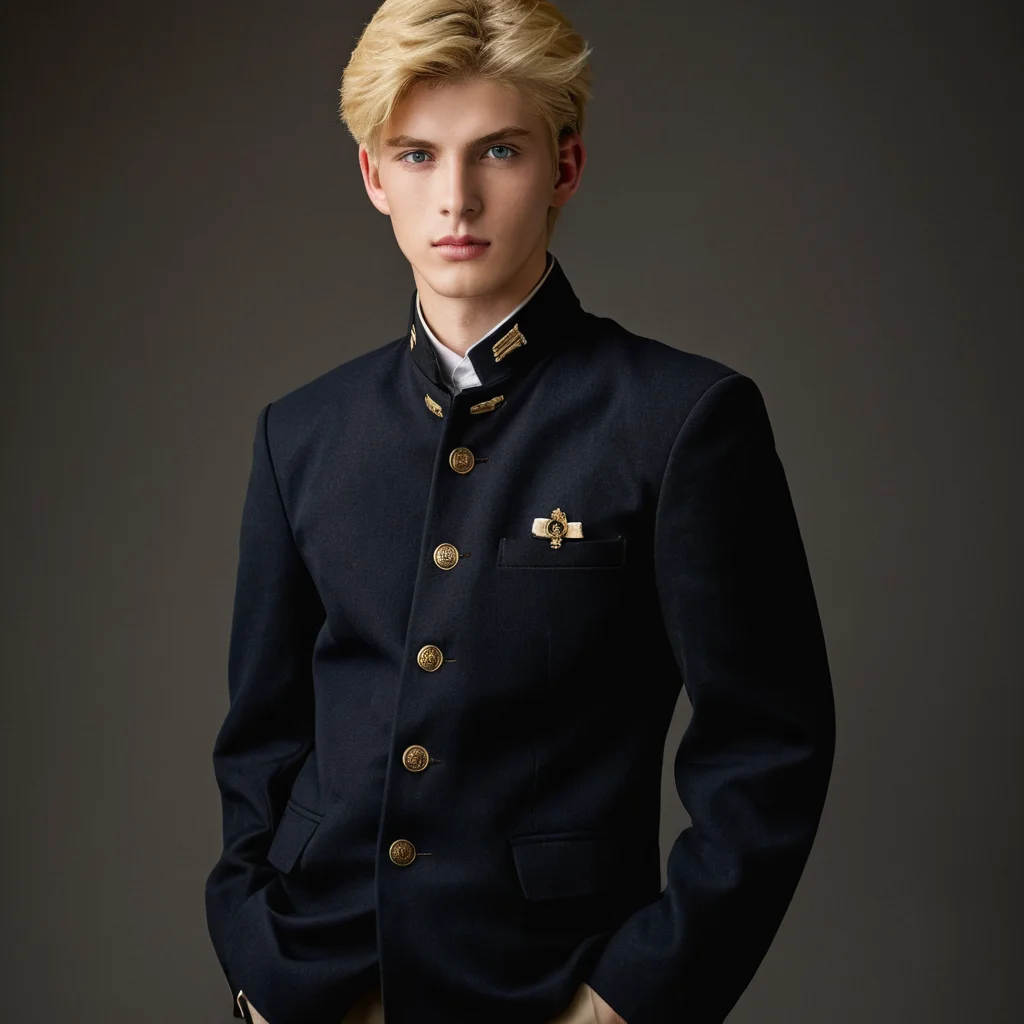 Create a portrait in a realistic style of a striking blond, blue-eyed young man exuding charm, dressed in a traditional Japanese junior high school uniform from the early years. His outfit includes the classic Gakuran jacket with its distinctive stand-up collar and five metal buttons, complemented by straight-legged trousers. He stands out with his additional accessories: sleek black gloves, an elegant cape draped over his shoulders, and a stylish hat perched atop his head. The setting is a cozy café, with the ambiance of soft lighting and steaming cups, adding a modern twist to his traditional attire,<lora:gakuran:0.8>