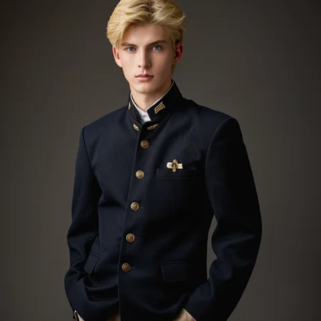Create a portrait in a realistic style of a striking blond, blue-eyed young man exuding charm, dressed in a traditional Japanese junior high school uniform from the early years. His outfit includes the classic Gakuran jacket with its distinctive stand-up collar and five metal buttons, complemented by straight-legged trousers. He stands out with his additional accessories: sleek black gloves, an elegant cape draped over his shoulders, and a stylish hat perched atop his head. The setting is a cozy café, with the ambiance of soft lighting and steaming cups, adding a modern twist to his traditional attire,<lora:gakuran:0.8>